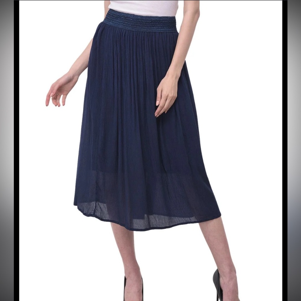 GYPSIE BLU Navy Rayon Gauze Pull-on Midi Skirt - Picture 8 of 8